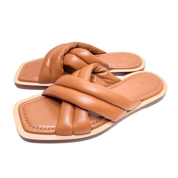 Lafayette 148 Shoes Size 6.5 Donne Slide Sandal 100% Leather Puffy Cognac Brown - Picture 1 of 11